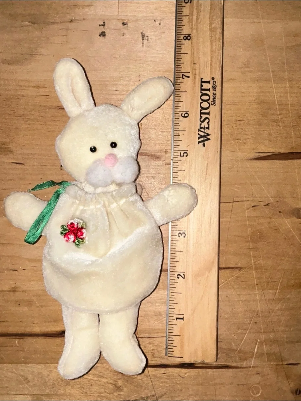 Vintage Plush Easter Bunny Candy Treat Bag Pouch Velour Ribbon Rose Detail 7”